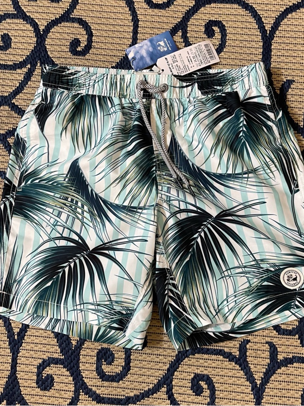 Unbranded Green Palm-Print Swim Trunks with Stripe Accent